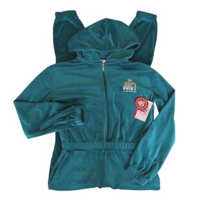 NWT Juicy by Juicy Couture Velour One Piece Hoodie Jumpsuit XS Peacock Pockets